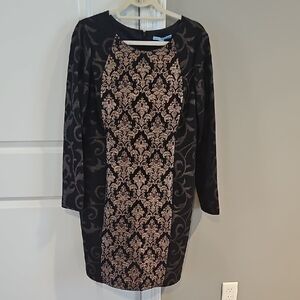 ANTONIO MELANI Black and Gold Damask Long Sleeve Sheath Dress